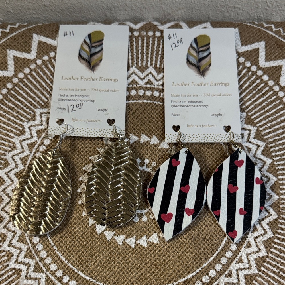 New Leather Feather Striped and Metallic Chevron Leather Earrings Set
